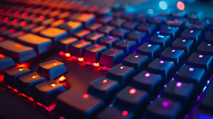 A gaming keyboard with RGB color backlight shot, generative Ai