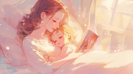 A mother reads a bedtime story to her child, cozied up in bed, captured in soft watercolor hues.