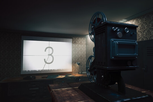 Vintage Film Projector in Dimly Lit Room: Nostalgic Cinema Experience - Powered by Adobe