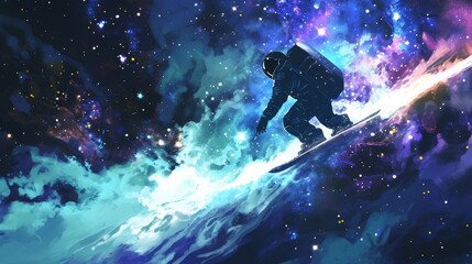In watercolors, a space-suited figure carves through the vacuum, a snowboarder against the backdrop of distant galaxies. - obrazy, fototapety, plakaty