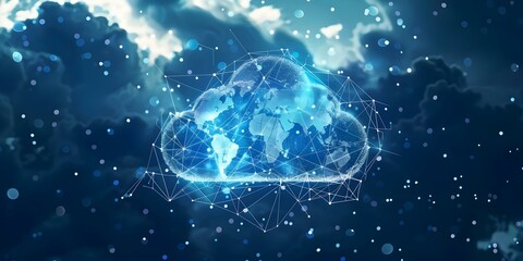 Cloud computing technology concept with a large cloud icon in the center surrounded by internal connections and a world map on a dark blue background. Concept Cloud Computing, Technology Concept