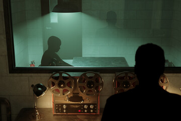 Tense Interrogation Scene with Shadowy Figures, Recorder & Dim Lighting © Dabarti
