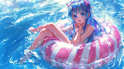 realistic anime-style image of a girl sitting in a donut-shaped floatie-edit