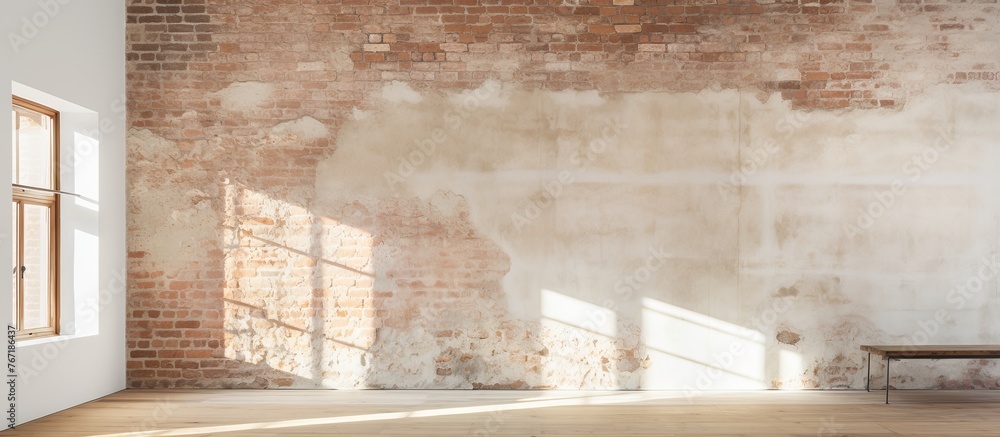 Poster an empty room with a brown brick wall and two woodframed windows. the flooring is made of composite 
