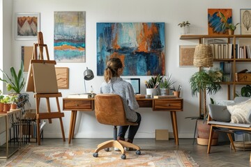 Creative Artist Workspace: Stylish Teak Commode and Inspirational Accents