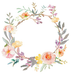 Fototapeta premium Wreath of flowers on a white background in watercolor technique 