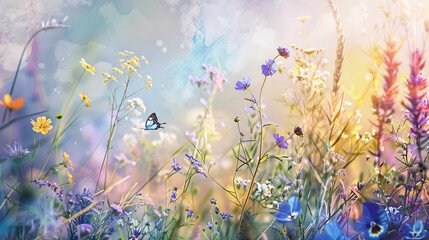 Obraz na płótnie Canvas watercolor floral background with playful wildflowers in shades of purple, blue, and yellow, dancing amidst swaying grasses and whimsical butterflies