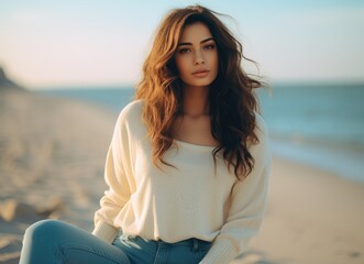 Fototapeta na wymiar Serene young woman sitting on a beach at sunset in casual attire