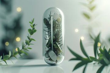  on a background of plants on a light table with space for text or inscriptions
 - obrazy, fototapety, plakaty