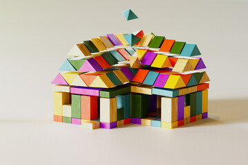Vibrant Wooden Blocks Creatively Assembled into a Charming House Structure