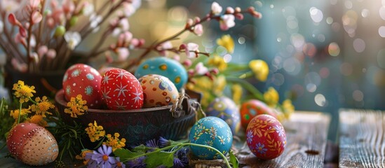 Best wishes during this Easter season. Festive Easter setting adorned with colorful eggs and blooming flowers. - obrazy, fototapety, plakaty