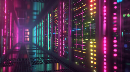 neon color misty digital technology background with server room data center glowing wall hallway corridor