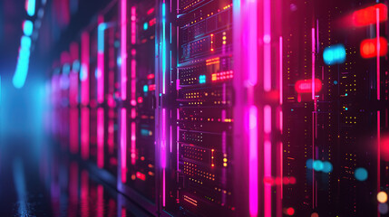 Obraz premium pink misty digital technology background with server room data center glowing wall hallway corridor