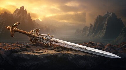 a sword with a golden handle on a rocky surface