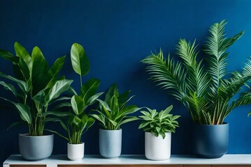 green lush indoor plants in the interior of the room against blue wall
