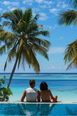 Fototapeta na wymiar Young, loving couple view from the back, enjoying their vacation in tropical destination country. Pool relax with sea ocean and palm trees landscape, leisure, romance, and exotic travel experiences.
