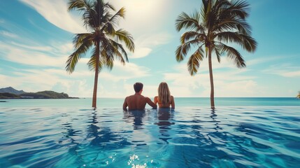 Young, loving couple view from the back, enjoying their vacation in tropical destination country. Pool relax with sea ocean and palm trees landscape, leisure, romance, and exotic travel experiences.