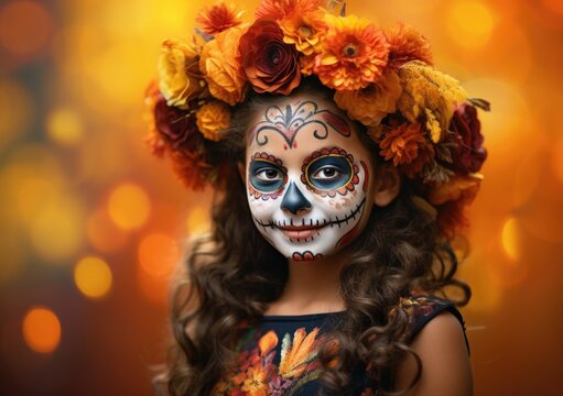 Young Girl in Traditional Mexican Dia De Los Muertos Sugar Skull Makeup and Floral Crown