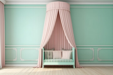 Wainscot baby cribs on a pastel color wall. Minimalist concept - obrazy, fototapety, plakaty