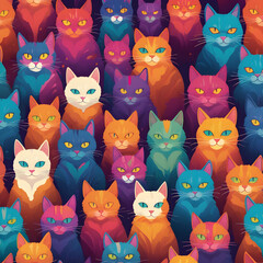 Clowder of colorful cats staring illustration.