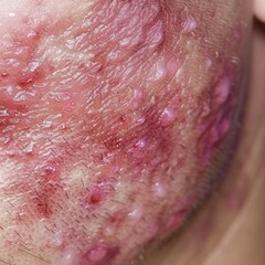 Fototapeta premium A close up of a man's face with red bumps and a rash