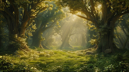 scene of an otherworldly forest, with towering trees reaching towards the sky and lush greenery...