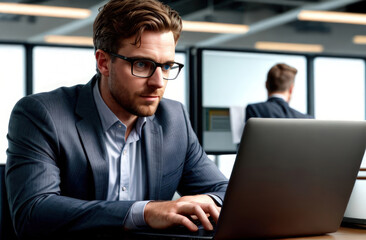 Fototapeta premium A man with glasses in the office is working intently on a laptop. Emotional burnout at work
