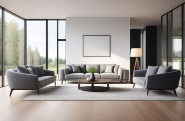Naklejka na ściany i meble interior of a large living room with sofas and armchairs, a coffee table and floor-to-ceiling windows. Bright room, minimalism