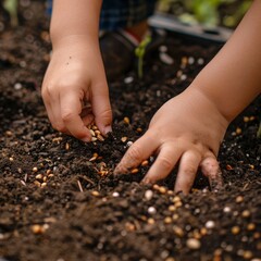 A child is planting seeds in the dirt. The child is wearing a blue shirt and black shoes
