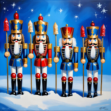 Illustration of four cute christmas nutcrackers on blue background.