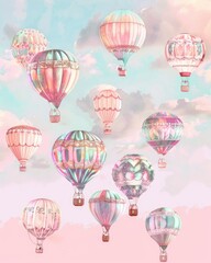 A colorful collection of hot air balloons floating in the sky. The balloons are of various sizes and colors, creating a vibrant and lively atmosphere. Concept of freedom and joy