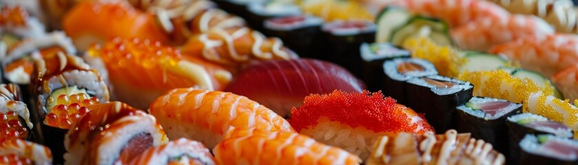 A close-up view of an abundant assortment of sushi types including nigiri and maki