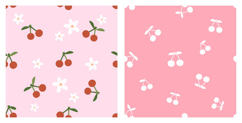 Fototapeta na wymiar Seamless pattern with cherry fruit, green leaves and white flower on pink background. Seamless pattern with cherry on sweet pink background vector. 