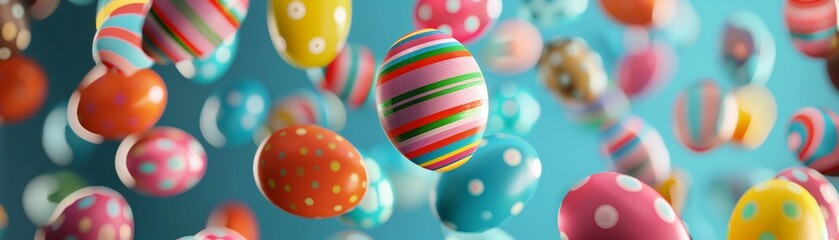 A festive array of brightly colored Easter eggs floating mid-air - obrazy, fototapety, plakaty