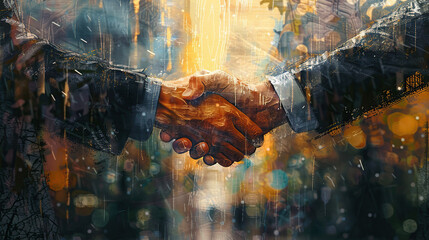 handshake between business executives portrayed in the style of impressionist paintings - obrazy, fototapety, plakaty