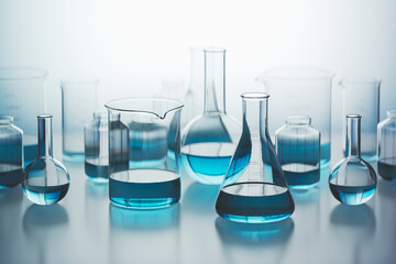 Advanced Laboratory Glassware Filled with Vivid Blue Chemical Solutions