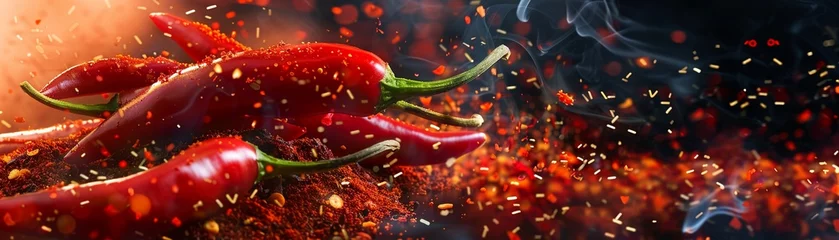 Gordijnen A Fiery red hot chili peppers in a dramatic and dynamic splash © Creative_Bringer
