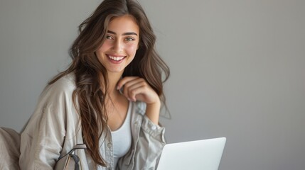 Smiling young attractive woman holding a purse, sits at the laptop, light grey background, concept: online shopping, text and copy space, 16:9 - Powered by Adobe