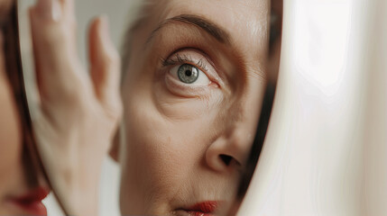 An elderly woman looks at her face in the mirror
