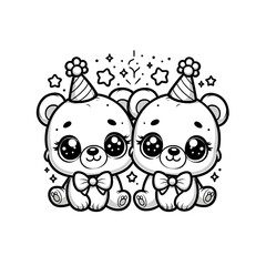 Сoloring book cartoon character. Hand drawn clipart of Happy Birthday greetings card or poster, black outline only, line art.