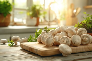 Fresh White Button Mushrooms on Wooden Board