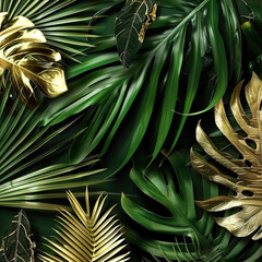 Green and gold tropical leaves on dark background
