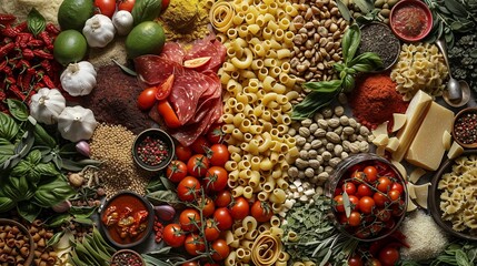 A panoramic display of assorted Italian cuisine ingredients including pasta tomatoes