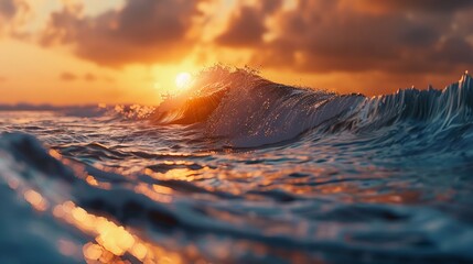 A panoramic view of a majestic ocean wave captured during the golden hour