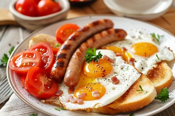 Fototapeta na wymiar A plate full of a classic full English breakfast featuring eggs
