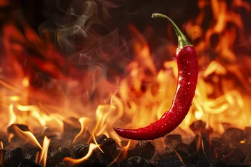 Fotobehang A single red hot chili pepper in the midst of fiery flames © Creative_Bringer