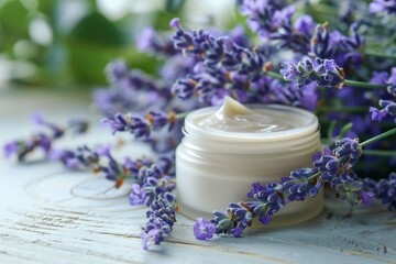Fototapeta na wymiar A soothing jar of natural lavender-infused cream presented with fresh lavender flowers and leaves
