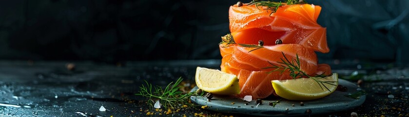 A Stacked raw salmon fillets seasoned with fresh rosemary and dill accompanied by a slice of lemon - obrazy, fototapety, plakaty