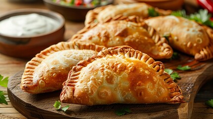 A Tempting golden empanadas served with creamy dips on a wooden board