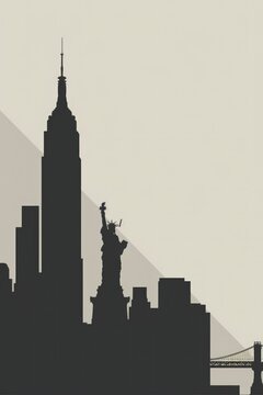 A silhouette of New York City with the Statue of Liberty in the foreground. The city skyline is in the background